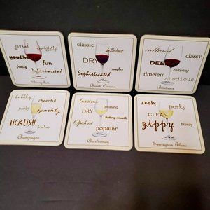 Wine Theme Coasters, Set of 6, Hardboard with Cork Back, Types of Wine